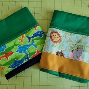 2 Childrens Handmade Standard Size Pillowcases Jungle Print and Sharks